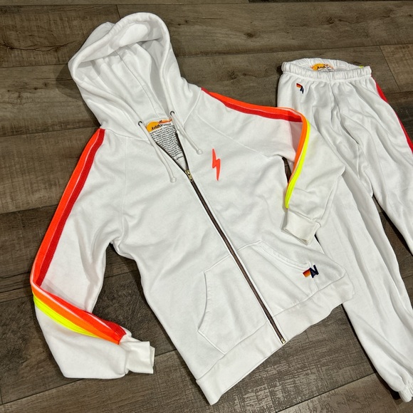 Aviator nation white sweatpant and zip up hoodie set with neon stripes - Picture 2 of 8